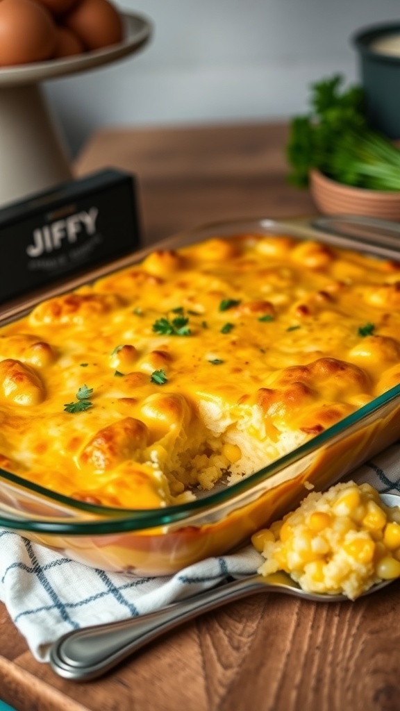 A golden Jiffy corn pudding casserole in a 9x13 dish, garnished with parsley, on a rustic table.